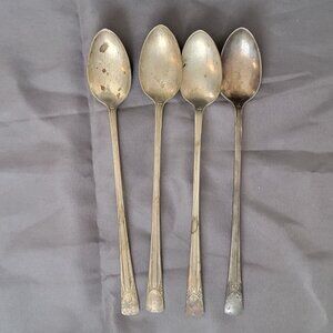 Set Of 4 Embassy Silver Plate Vintage Iced Tea Spoons With Ornate Handles